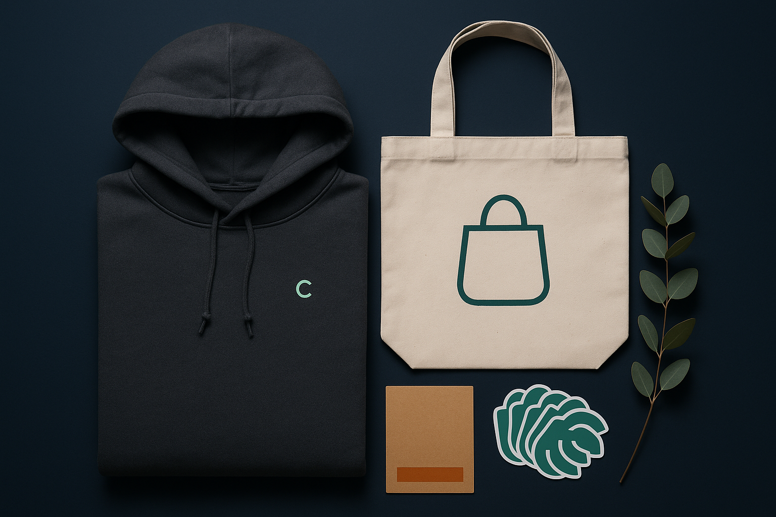Корпоративный welcome-pack: худи, футболка, шоппер, стикерпак на тёмном фоне